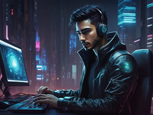 cyberpunk,man with a computer,cyber,cyber crime,sci fiction illustration,game illustration,hacker,hacking,night administrator,cyberspace,anonymous hacker,cyber security,coder,world digital painting,computer freak,cg artwork,computer addiction,freelancer,computer business,computer,Illustration,Realistic Fantasy,Realistic Fantasy 15