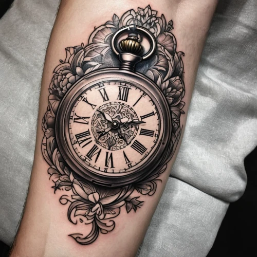 ornate pocket watch,pocket watch,timepiece,grandfather clock,clockmaker,forearm,on the arm,tattoo,wrist watch,clock face,ladies pocket watch,mechanical watch,clockwork,wristwatch,with tattoo,time spiral,tattoo artist,compass,chronometer,clock,Conceptual Art,Fantasy,Fantasy 27