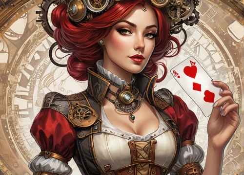 queen of hearts,poker primrose,playing card,playing cards,magician,deck of cards,fortune teller,gambler,spades,steampunk,card deck,victorian lady,celtic queen,ringmaster,poker,game illustration,play cards,sorceress,poker set,heart with crown,Conceptual Art,Fantasy,Fantasy 25