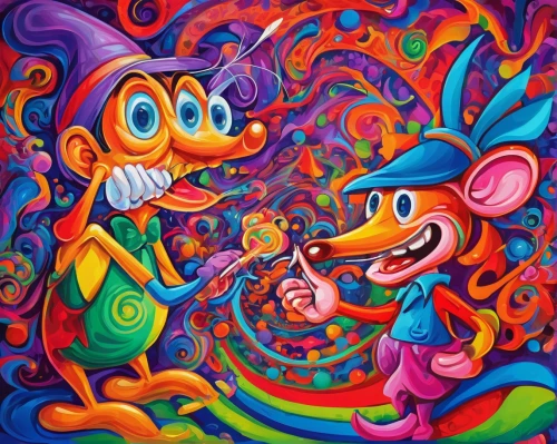 psychedelic art,lsd,pinocchio,psychedelic,oil painting on canvas,chalk drawing,mice,smoke art,color rat,mickey mouse,oil on canvas,tom and jerry,children's background,artists,abstract cartoon art,dizzy,acid,hallucinogenic,micky mouse,amigos,Conceptual Art,Oil color,Oil Color 23