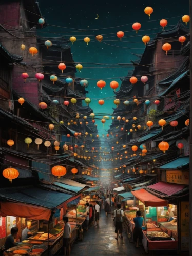 chinese lanterns,lanterns,mid-autumn festival,world digital painting,chinese lantern,japanese paper lanterns,china town,chinatown,mooncake festival,kowloon,fairy lanterns,souk,floating market,morocco lanterns,the market,chinese art,market,illuminated lantern,angel lanterns,hong kong cuisine,Illustration,Abstract Fantasy,Abstract Fantasy 19