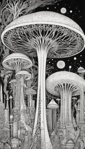 mushroom landscape,mushroom island,agaric,psychedelic art,cubensis,tree mushroom,mushrooms,fungal science,club mushroom,fly agaric,sci fiction illustration,alien world,forest mushroom,science fiction,mushroom type,fairy world,mushroom,cartoon forest,alien planet,panoramical,Illustration,Black and White,Black and White 11