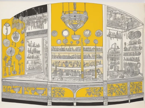 china cabinet,pantry,art nouveau design,vitrine,cabinets,kitchen cabinet,apothecary,art nouveau,kitchenware,cabinetry,kitchen shop,glasswares,shoe cabinet,soda fountain,compartments,shopwindow,dolls houses,orrery,yellow wallpaper,vintage kitchen,Art,Artistic Painting,Artistic Painting 50