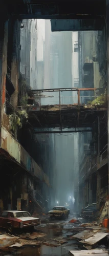 industrial ruin,lost place,underpass,kowloon city,industrial landscape,urban landscape,overpass,alleyway,post-apocalyptic landscape,street canyon,slums,suburb,urban,hanoi,lostplace,kowloon,destroyed city,alley,lost places,post apocalyptic,Conceptual Art,Oil color,Oil Color 01