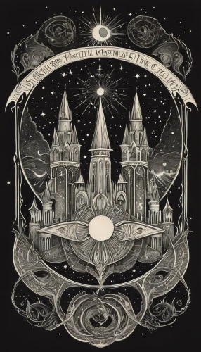 hogwarts,planetarium,astral traveler,planetary system,copernican world system,fairy tale icons,divination,celestial body,firmament,ophiuchus,fantasy city,cd cover,celestial bodies,temples,constellation swan,sci fiction illustration,starscape,magic hat,dream world,constellation lyre,Illustration,Black and White,Black and White 22