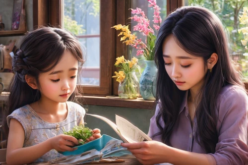 little girl reading,children studying,picking flowers,flower painting,girl picking flowers,flower arranging,children learning,little girls,child's diary,child with a book,ikebana,little girl and mother,children's fairy tale,e-book readers,children girls,readers,japanese floral background,青龙菜,flower shop,a collection of short stories for children,Illustration,Paper based,Paper Based 04