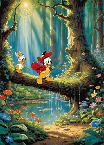 cartoon forest,pinocchio,happy children playing in the forest,cartoon video game background,fairy forest,frutti di bosco,children's background,magical adventure,enchanted forest,the pied piper of hamelin,fairy world,fantasia,toadstools,mickey mause,geppetto,children's fairy tale,background image,fairy tale character,hunting scene,fairytale forest,Illustration,Retro,Retro 18