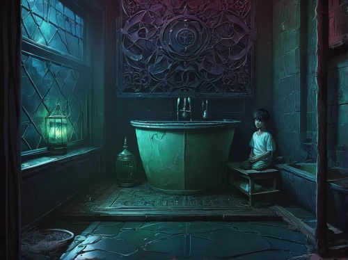 the throne,throne,apothecary,washbasin,the girl in the bathtub,washroom,cistern,ornate room,blue room,wishing well,luxury bathroom,the little girl's room,dark cabinetry,bathroom,potter's wheel,bath,baths,clary,sci fiction illustration,absinthe,Conceptual Art,Sci-Fi,Sci-Fi 05