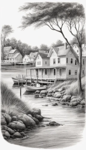 water mill,house by the water,fisherman's house,houses clipart,digiscrap,cottages,dutch mill,thimble islands,kennebunkport,fishing village,boathouse,clover hill tavern,nubble,house with lake,old mill,oyster bay,floating huts,coastal landscape,new england style house,boat house,Illustration,Black and White,Black and White 35