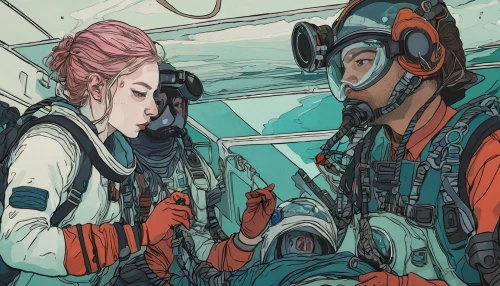 oxygen mask,sci fiction illustration,travelers,airplane passenger,pilot,aquanaut,ship doctor,passengers,sea scouts,mechanic,scifi,ship travel,detail shot,astronaut,astronauts,sailors,sci fi,fighter pilot,marine scientists,spacesuit,Illustration,Abstract Fantasy,Abstract Fantasy 04