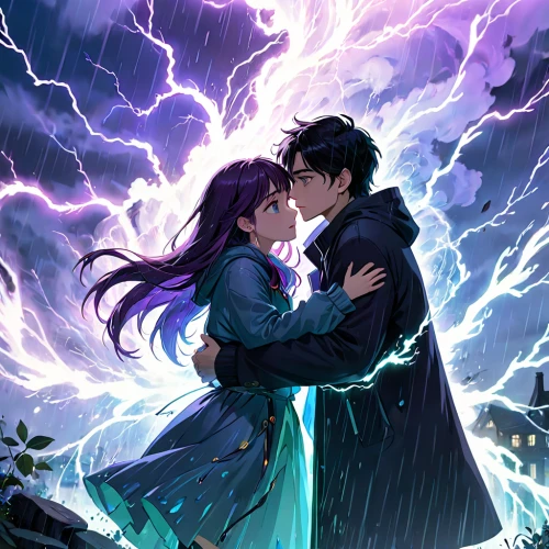 chidori is the cherry blossoms,purple rain,lightning storm,purple,monsoon banner,lightning strike,cg artwork,thunderstorm,lightning,薄雲,reizei,hiyayakko,lightning bolt,la violetta,romance novel,blue rain,storm,purple blue,thunder,protecting,Anime,Anime,General