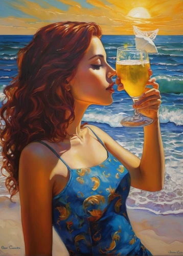 oil painting on canvas,oil painting,sea breeze,agua de valencia,oil on canvas,woman with ice-cream,sea beach-marigold,glass painting,tequila sunrise,romantic portrait,barmaid,art painting,the sea maid,sun and sea,beach bar,sour golden coast,woman drinking coffee,refreshment,summer evening,young woman,Illustration,Realistic Fantasy,Realistic Fantasy 30