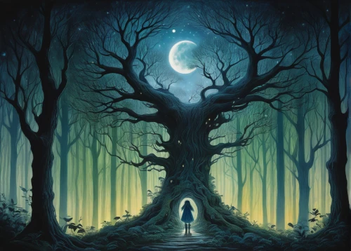 haunted forest,creepy tree,enchanted forest,magic tree,girl with tree,ghost forest,forest tree,the mystical path,hollow way,holy forest,forest of dreams,tree grove,fantasy picture,the girl next to the tree,halloween bare trees,devilwood,tree of life,the branches of the tree,tree thoughtless,druid grove,Illustration,Paper based,Paper Based 08