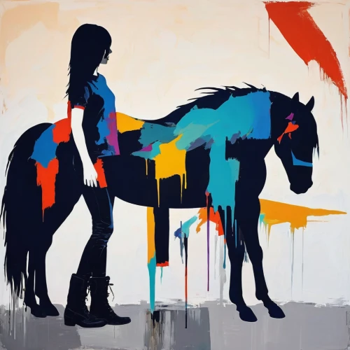 painted horse,colorful horse,black horse,man and horses,two-horses,equestrian,horses,horseback,racehorse,horsemanship,horse,horse herder,equine,equines,a horse,horseman,young horse,horse-heal,equestrianism,carousel horse,Art,Artistic Painting,Artistic Painting 42