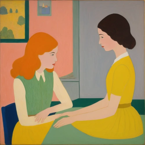 two girls,woman sitting,olle gill,young couple,conversation,girl sitting,courtship,young women,sewing silhouettes,women at cafe,postmasters,hands holding plate,redheads,modern pop art,aa,oil on canvas,seller,model years 1958 to 1967,carol colman,folded hands,Art,Artistic Painting,Artistic Painting 09