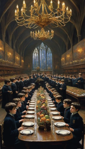 hogwarts,holy supper,private school,long table,fine dining restaurant,soup kitchen,lecture hall,the order of the fields,dining,exclusive banquet,court of law,hogwarts express,food share,cafeteria,breakfast room,dandelion hall,feast,the dining board,parliament,lecture room,Art,Artistic Painting,Artistic Painting 04