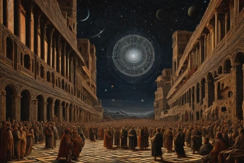 copernican world system,geocentric,contemporary witnesses,binary system,panopticon,the ancient world,stargate,sacred geometry,school of athens,astronomers,twelve apostle,celestial bodies,genesis land in jerusalem,firmament,auqarium,the universe,astronomy,mysticism,esoteric,parallel worlds,Art,Classical Oil Painting,Classical Oil Painting 19