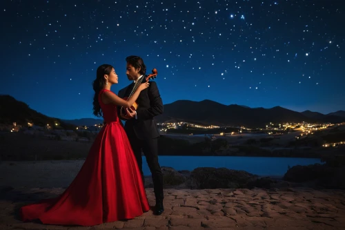 romantic night,romantic scene,vintage couple silhouette,the moon and the stars,romantic portrait,man in red dress,starry sky,night stars,lights serenade,passion photography,serenade,night photography,romantic look,pre-wedding photo shoot,honeymoon,the stars,romantic,magical moment,the night sky,photo session at night,Photography,Documentary Photography,Documentary Photography 19