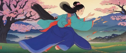 hanbok,mulan,mukimono,dobok,tsukemono,sōjutsu,goki,samurai,shamisen,shakuhachi,geisha,geisha girl,plum blossom,shochikuume,japanese sakura background,kenjutsu,plum blossoms,takato cherry blossoms,erhu,sakura background,Illustration,Japanese style,Japanese Style 21