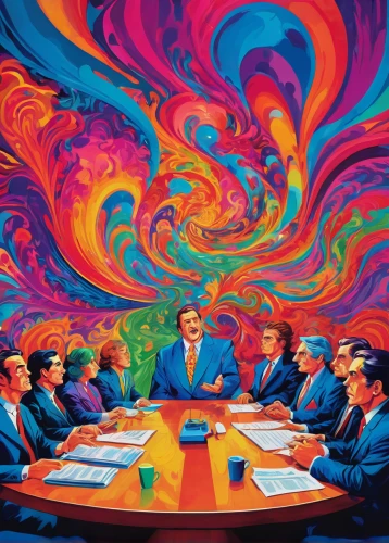 psychedelic art,boardroom,abstract corporate,conference room table,conference table,psychedelic,hallucinogenic,business people,a meeting,board room,lsd,conference room,round table,businessmen,the local administration of mastery,corporate,meeting room,color paper,corporation,executive,Conceptual Art,Oil color,Oil Color 23