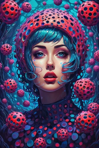 ladybug,coral bells,coral,two-point-ladybug,psychedelic art,dots,fantasy portrait,ladybugs,deep coral,lady bug,dot,hex,floral poppy,trypophobia,fantasy art,symbiotic,poisonous,coral-spot,medusa,red anemone,Conceptual Art,Daily,Daily 21