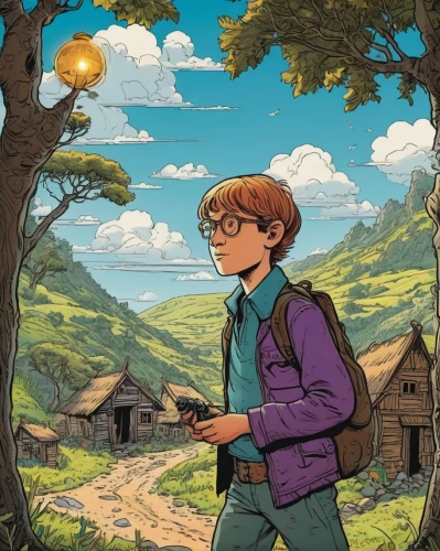 studio ghibli,wander,hiker,traveler,the wanderer,wanderer,digital nomads,traveller,adventurer,camera illustration,travelers,rowan,mountain guide,digital illustration,rural,background image,prairie,kids illustration,sci fiction illustration,exmoor,Illustration,American Style,American Style 14