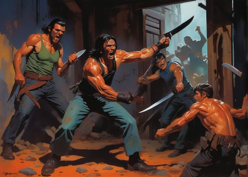 swordsmen,game illustration,splitting maul,siam fighter,fighting poses,martial arts,sword fighting,shaolin kung fu,kenjutsu,jeet kune do,throwing axe,japanese martial arts,action-adventure game,wolverine,marine corps martial arts program,wing chun,sanshou,game art,stage combat,xing yi quan,Conceptual Art,Oil color,Oil Color 04