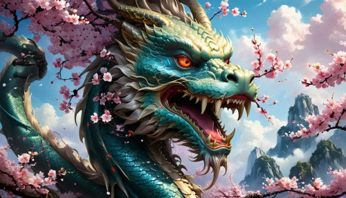 chinese dragon,dragon li,painted dragon,spring background,xing yi quan,cheery-blossom,wyrm,spring blossoms,green dragon,dragon of earth,spring unicorn,yi sun sin,forest dragon,harbinger of spring,spring blossom,goki,japanese sakura background,springtime background,dragon,dragon boat,Conceptual Art,Fantasy,Fantasy 11