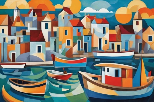 sailing boats,fishing boats,boat landscape,small boats on sea,boats in the port,burano,regatta,sailboats,fishing village,harbour,harbor,gondolas,boats,breton,honfleur,carol colman,murano,sea landscape,gondolier,chioggia,Art,Artistic Painting,Artistic Painting 45