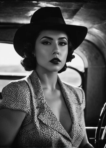 film noir,vintage woman,retro woman,dodge la femme,retro women,woman in the car,vintage women,femme fatale,leather hat,hat retro,vintage girl,vintage fashion,hat vintage,1920's retro,retro girl,aditi rao hydari,50's style,girl in car,jane russell-female,rockabilly style,Photography,Black and white photography,Black and White Photography 08