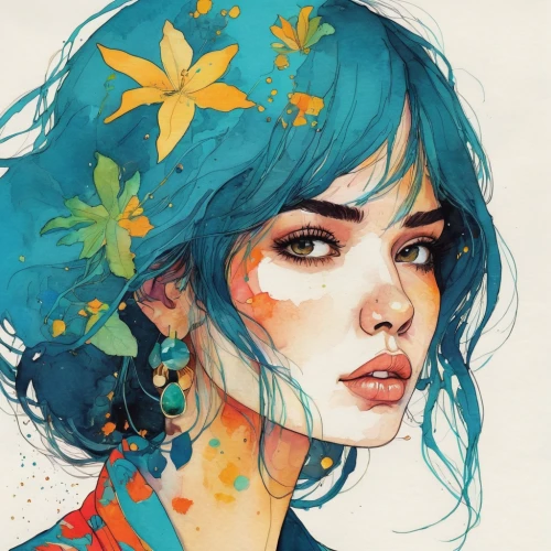 colorful floral,girl in flowers,forget-me-nots,forget-me-not,blue daisies,flora,watercolor blue,boho art,colorful daisy,watercolor floral background,daisies,falling flowers,girl portrait,watercolor flowers,floral,digital illustration,floral heart,forget me nots,fantasy portrait,chamomile,Illustration,Paper based,Paper Based 19