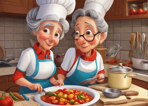old couple,grandparents,elderly people,stewed tomatoes,food and cooking,tomatos,pensioners,cooking book cover,tomato sauce,food preparation,cooking show,red cooking,grape tomatoes,cookware and bakeware,tomato soup,cooking vegetables,cute cartoon image,tomatoes,senior citizens,chefs,Illustration,Abstract Fantasy,Abstract Fantasy 02