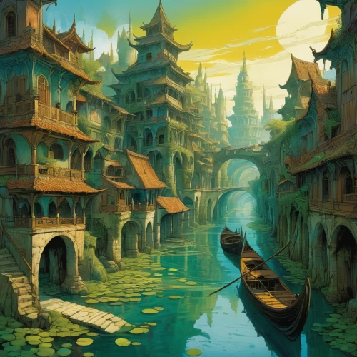 ancient city,fantasy city,fantasy landscape,asian architecture,world digital painting,chinese architecture,fantasy world,fishing village,city moat,backwater,fantasy picture,suzhou,spa town,hanoi,canals,3d fantasy,aurora village,floating huts,medieval town,fantasy art,Illustration,Realistic Fantasy,Realistic Fantasy 04