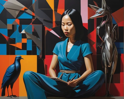 asian woman,han thom,asian vision,shirakami-sanchi,janome chow,japanese woman,meticulous painting,chinese art,black macaws sari,woman sitting,oil painting on canvas,oil on canvas,vietnamese woman,ornithology,mulan,bird painting,luo han guo,rosella,japanese art,blue parrot,Art,Artistic Painting,Artistic Painting 34