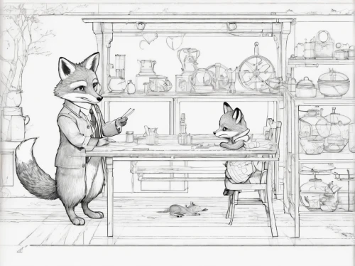 apothecary,hand-drawn illustration,line art animals,laboratory,china cabinet,book illustration,fox stacked animals,kitchen shop,coloring page,frame drawing,fox and hare,workbench,line-art,cooking book cover,pencil frame,garden-fox tail,lineart,shopkeeper,chemist,pet shop,Unique,Design,Blueprint