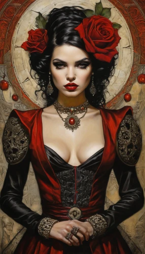 queen of hearts,red rose,red roses,gothic woman,gothic portrait,vampire woman,vampire lady,black rose hip,wild roses,red riding hood,lady in red,way of the roses,gothic fashion,rosa ' amber cover,black rose,victorian lady,wild rose,widow flower,rosebushes,scent of roses,Illustration,Realistic Fantasy,Realistic Fantasy 10