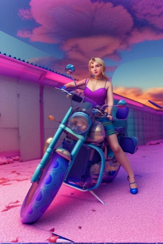 moped,digital compositing,motorbike,motorcycle,vespa,ride,roller skate,3d background,biker,pink car,motorcycles,scooter riding,retro woman,artistic roller skating,scooters,bullet ride,image manipulation,3d render,motorcyclist,party bike