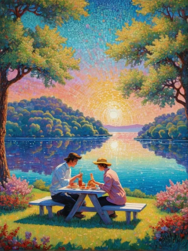picnic boat,picnic,romantic scene,oil painting on canvas,oil painting,art painting,idyll,picnic table,picnic basket,people fishing,painting technique,fishermen,landscape background,oil on canvas,idyllic,boat landscape,young couple,beach landscape,purple landscape,khokhloma painting,Conceptual Art,Daily,Daily 31