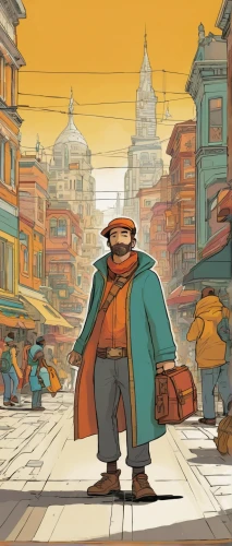 kathmandu,game illustration,traveler,nepal,warm colors,shopkeeper,merchant,background image,digital nomads,street scene,riad,a pedestrian,vendors,indian monk,istanbul,wanderer,gobelin,traveller,adventurer,the wanderer,Illustration,American Style,American Style 12