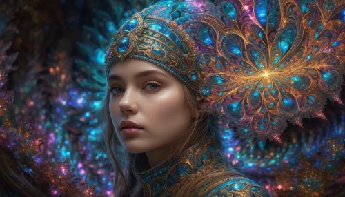 mystical portrait of a girl,fantasy portrait,fairy peacock,fantasy art,the enchantress,faery,fantasy picture,faerie,3d fantasy,fairy queen,fantasy woman,aura,the hat of the woman,blue enchantress,sorceress,shamanic,fractals art,amano,peacock,apophysis
