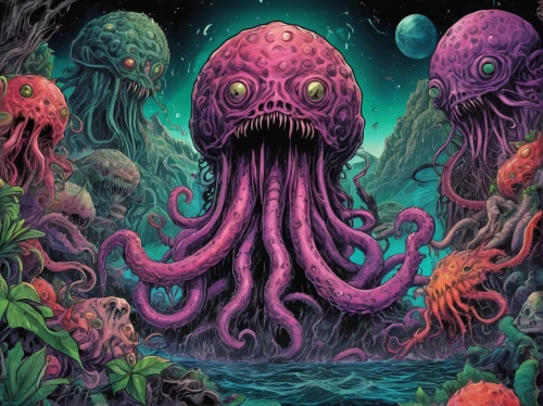 polyp,kraken,octopus,pink octopus,tentacles,deep sea,cuthulu,cephalopod,calamari,the bottom of the sea,bottom of the sea,tentacle,fun octopus,symbiotic,octopus tentacles,undersea,organism,molluscum,cephalopods,under sea,Illustration,Realistic Fantasy,Realistic Fantasy 47