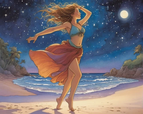 girl on the dune,beach moonflower,the wind from the sea,dance with canvases,sea breeze,sea beach-marigold,sea night,cosmos wind,the night of kupala,falling star,aphrodite,celtic woman,aphrodite's rock,cd cover,horoscope libra,mermaid background,fairies aloft,the zodiac sign pisces,dance,gracefulness,Illustration,Realistic Fantasy,Realistic Fantasy 04