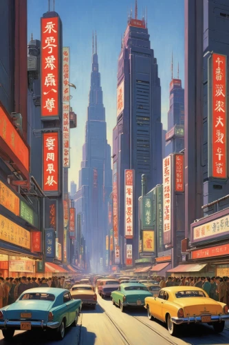 chinatown,kowloon,shanghai,china town,hong kong,fantasy city,harbour city,city scape,tokyo city,colorful city,evening city,cityscape,cities,taipei,business district,world digital painting,city highway,big city,tokyo,city blocks,Illustration,Retro,Retro 09