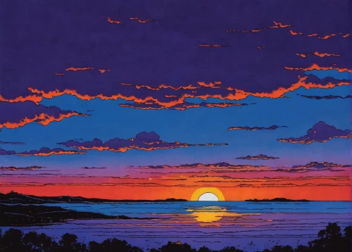 coast sunset,purple landscape,dusk,sunset,rising sun,horizon,shirakami-sanchi,hokkaido,osaka bay,lake superior,sun,lake baikal,ultraviolet,kamchatka,the horizon,purple moon,sunset beach,sunset glow,dawn,the sun has set,Illustration,American Style,American Style 14
