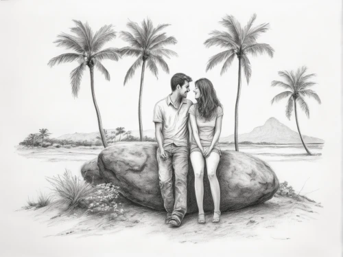 honeymoon,coconuts on the beach,charcoal drawing,pencil drawing,pencil drawings,young couple,adam and eve,charcoal pencil,coconuts,graphite,coconut palms,hand-drawn illustration,cd cover,as a couple,two people,lover's beach,love in the mist,beach background,date palms,pencil and paper,Illustration,Black and White,Black and White 35