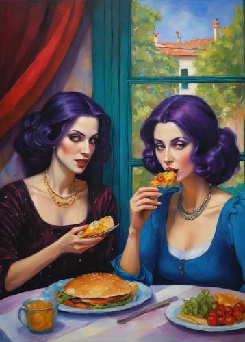 women at cafe,woman holding pie,sicilian cuisine,moussaka,la violetta,pizzeria,mediterranean cuisine,empanadas,appetite,parmigiana,mediterranean food,two girls,foodies,iranian cuisine,greek food,romantic dinner,oil painting on canvas,gothic portrait,pastiera,dinner for two,Illustration,Realistic Fantasy,Realistic Fantasy 30