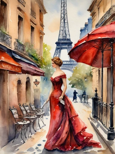 watercolor paris,watercolor paris balcony,watercolor paris shops,paris clip art,paris cafe,man in red dress,watercolor painting,parisian coffee,red gown,watercolor,lady in red,girl in a long dress,watercolor background,paris,fashion illustration,fabric painting,french valentine,watercolor paint,red tablecloth,watercolor cafe,Illustration,Paper based,Paper Based 24
