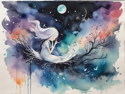 watercolor bird,constellation swan,watercolor paint strokes,nocturnal bird,night bird,watercolor tree,watercolor background,the zodiac sign pisces,hanging moon,moon phase,watercolor painting,celestial bodies,watercolor,dove of peace,moonbeam,blue birds and blossom,watercolor paint,crescent moon,watercolors,the moon and the stars,Illustration,Paper based,Paper Based 25