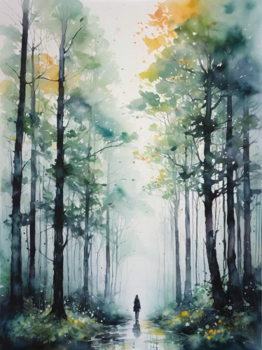 watercolor background,watercolor painting,watercolor,forest walk,forest landscape,watercolor paint,foggy forest,forest background,girl walking away,watercolor paint strokes,girl with tree,woman walking,forest path,watercolor paper,watercolour,forest of dreams,watercolors,autumn walk,autumn forest,forest,Illustration,Paper based,Paper Based 20