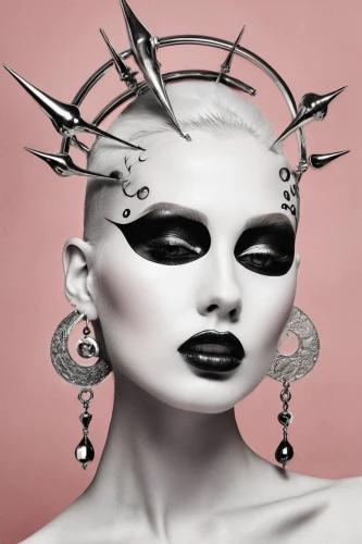 headpiece,streampunk,artificial hair integrations,headdress,body jewelry,seven sorrows,horoscope libra,antennae,surrealistic,adornments,unicorn crown,hair accessory,venetian mask,biomechanical,doll head,antennas,head ornament,cyberspace,earrings,eyelash curler,Illustration,Black and White,Black and White 07